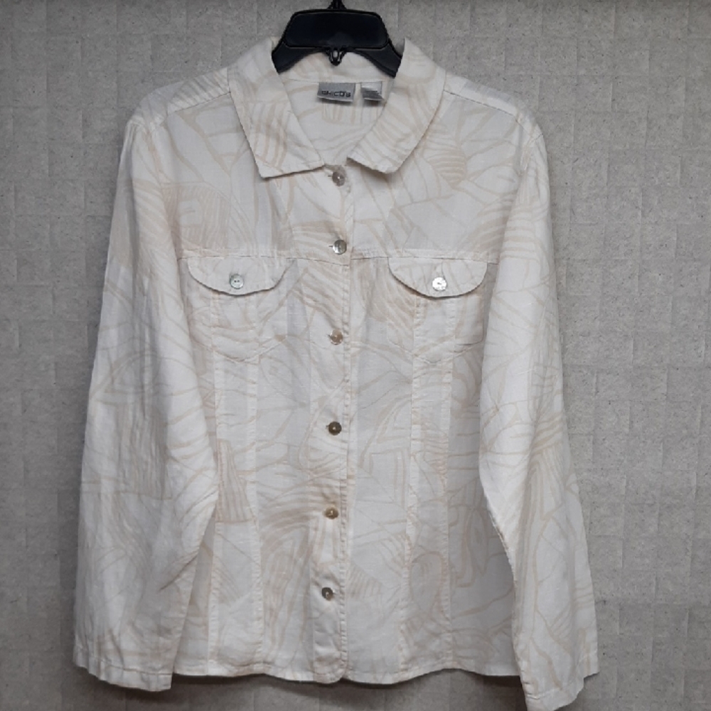 Chico's Cream and Tan Printed Button-Front Linen Jacket
